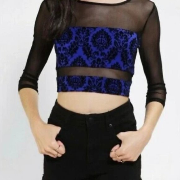 Urban Outfitters Tops - Urban Outfitters Blue and Black Jacquard Crop Top with Mesh Sleeves, Size M